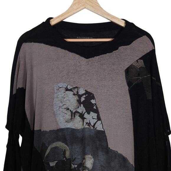 Allsaints Top XS Asymmetrical Bell Wave Black Graphic Draped Grunge Avant Garde - Picture 4 of 15